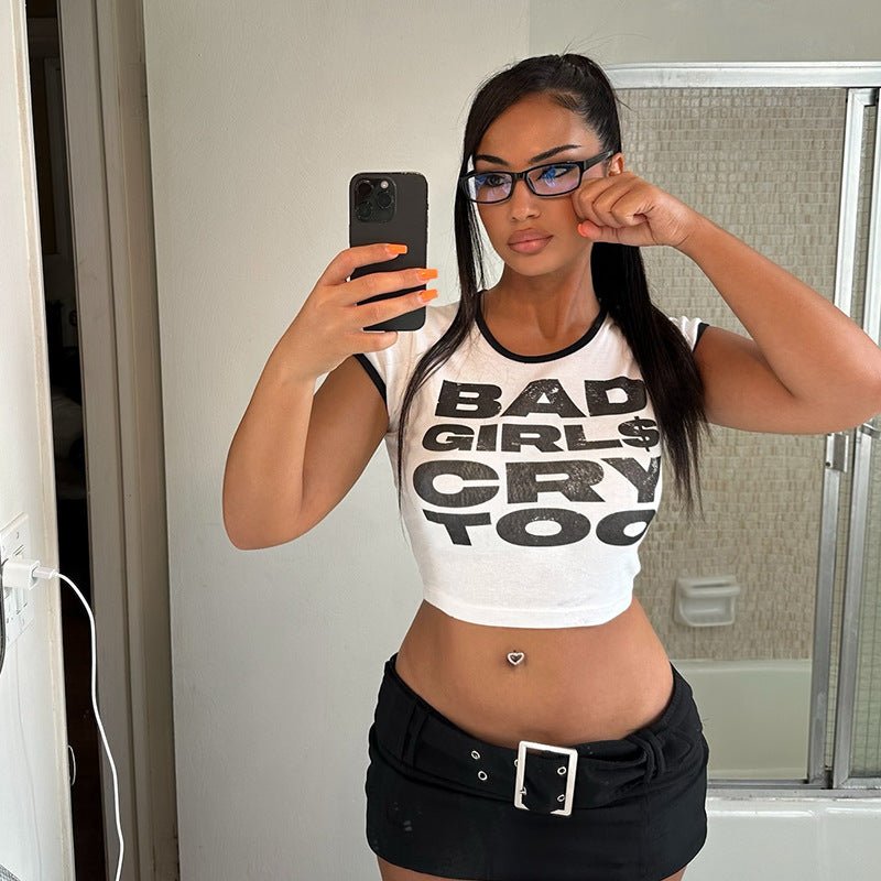 Letter Graphic Striped T-Shirt - Short Sleeve Summer Top - Premium for sale