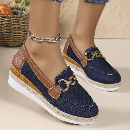 Loafers Casual Pumps Women's Outer Wear Horsebit Buckle Wedge Platform Loafers Slip - on Lazy Shoes