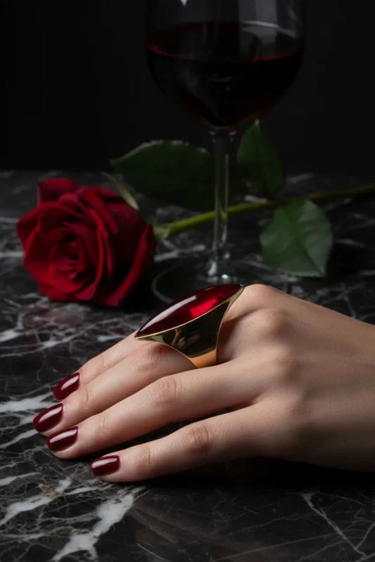 Luxury Gold Big Stone Statement Ring – Black & Red - Premium Jewelry for sale