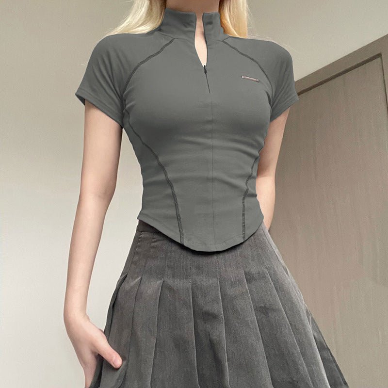 Mechanical Line Design Sexy Fitness Sports Waist Trimming Half Turtleneck Zipper Bottoming Short Sleeve