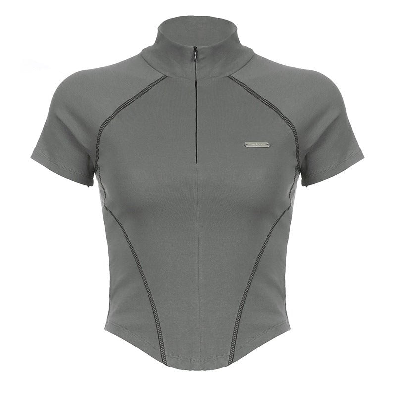 Mechanical Line Design Sexy Fitness Sports Waist Trimming Half Turtleneck Zipper Bottoming Short Sleeve