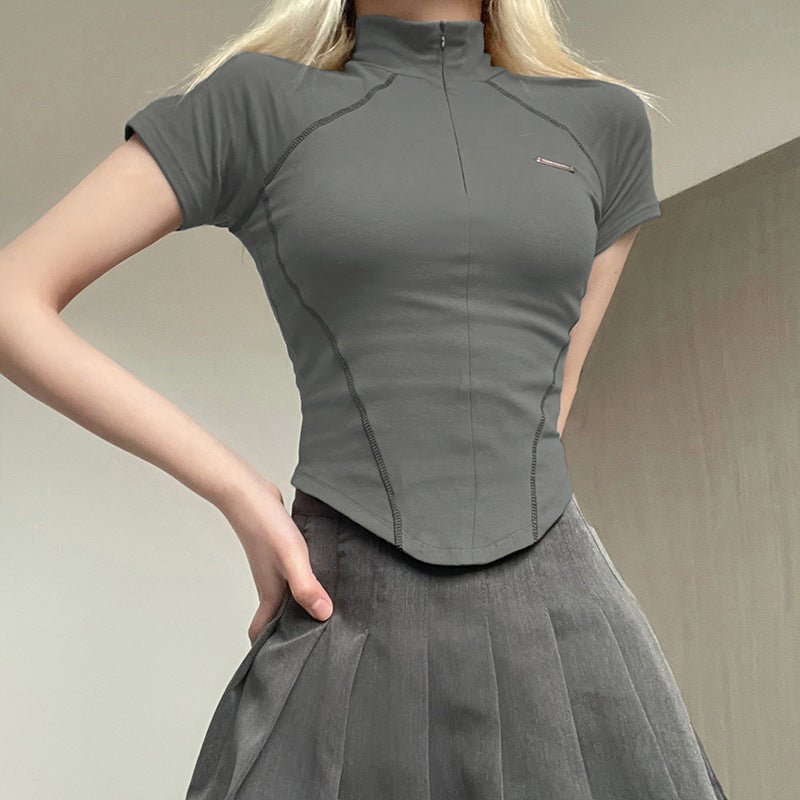 Mechanical Line Design Sexy Fitness Sports Waist Trimming Half Turtleneck Zipper Bottoming Short Sleeve