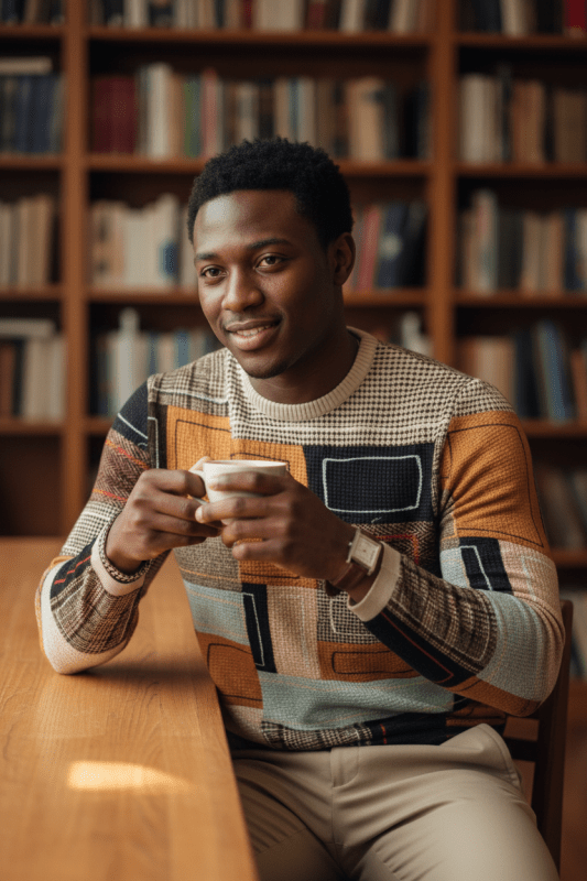 Men's Geometric Patchwork Pullover – Lifestyle Photo