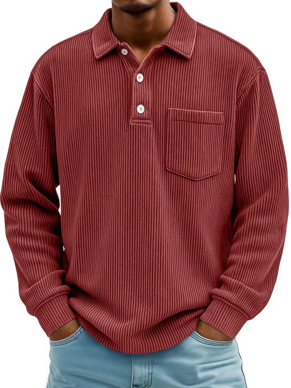 Men's Long Sleeve Corduroy Striped Polo Shirt – Casual Retro Style - Premium Activewear for sale