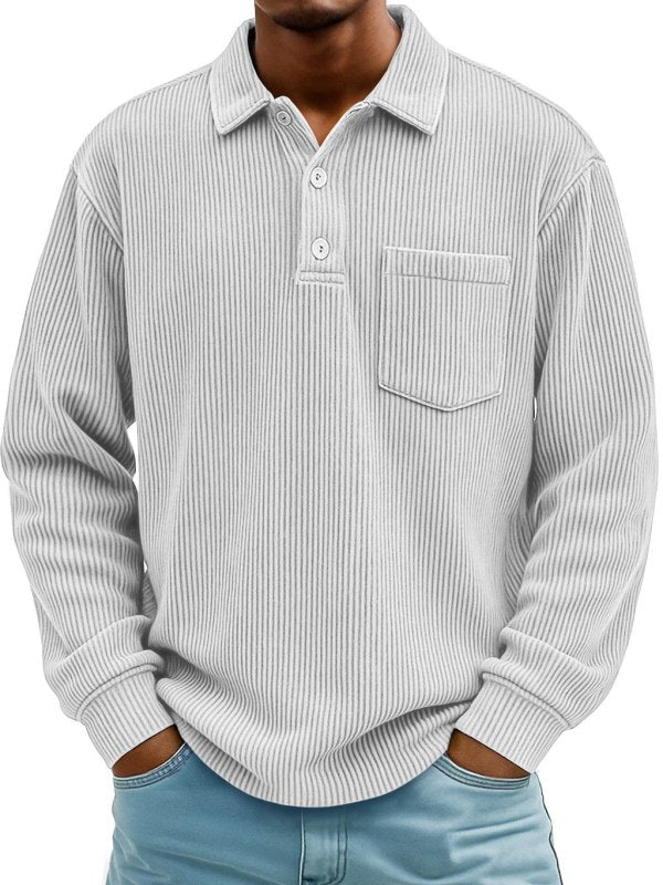 Men's Long Sleeve Corduroy Striped Polo Shirt – Casual Retro Style - Premium Activewear for sale