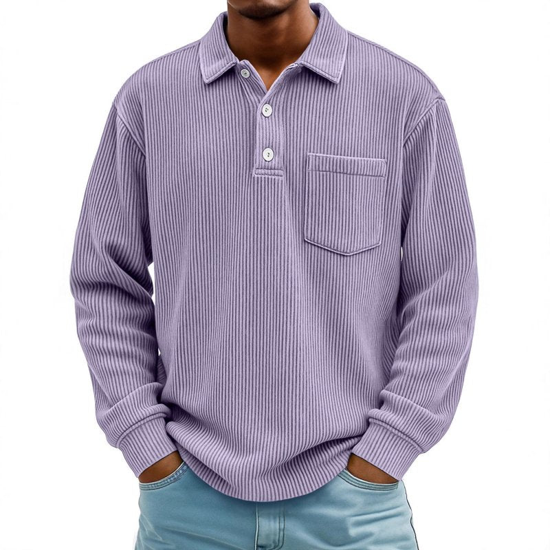Men's Long Sleeve Corduroy Striped Polo Shirt – Casual Retro Style - Premium Activewear for sale