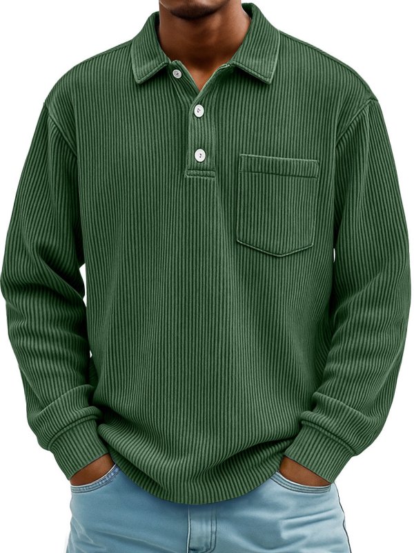 Men's Long Sleeve Corduroy Striped Polo Shirt – Casual Retro Style - Premium Activewear for sale