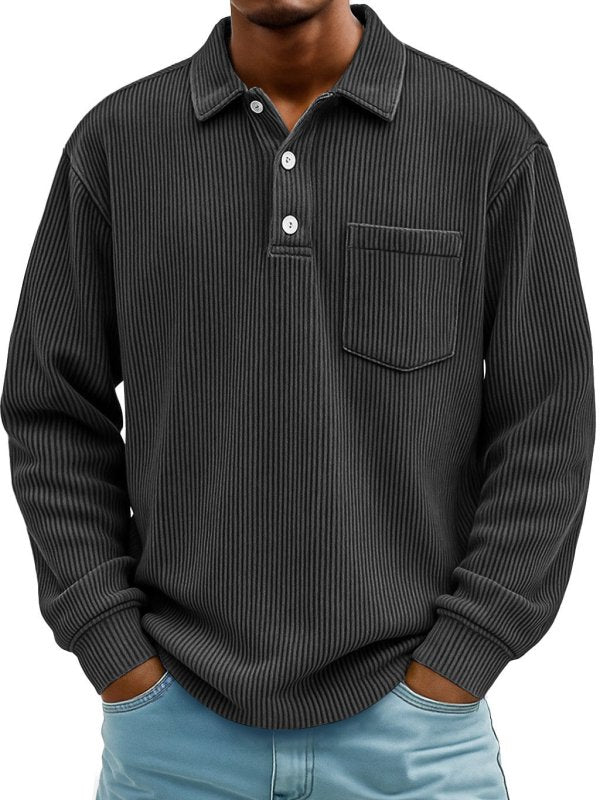 Men's Long Sleeve Corduroy Striped Polo Shirt – Casual Retro Style - Premium Activewear for sale