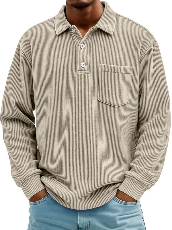 Men's Long Sleeve Corduroy Striped Polo Shirt – Casual Retro Style - Premium Activewear for sale