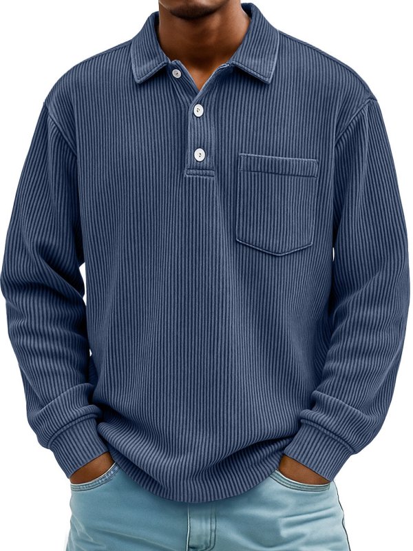 Men's Long Sleeve Corduroy Striped Polo Shirt – Casual Retro Style - Premium Activewear for sale