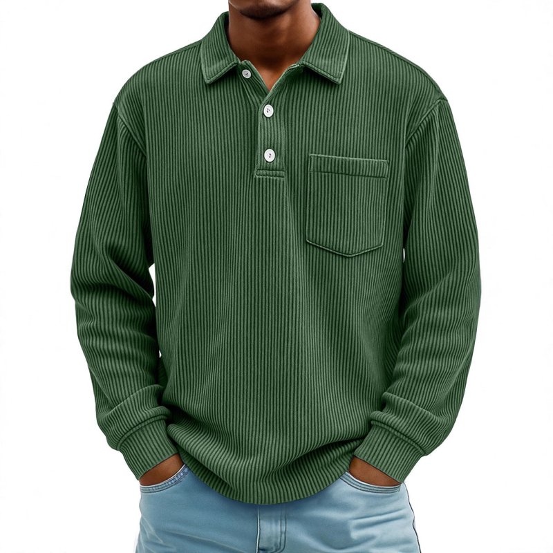 Men's Long Sleeve Corduroy Striped Polo Shirt – Casual Retro Style - Premium Activewear for sale