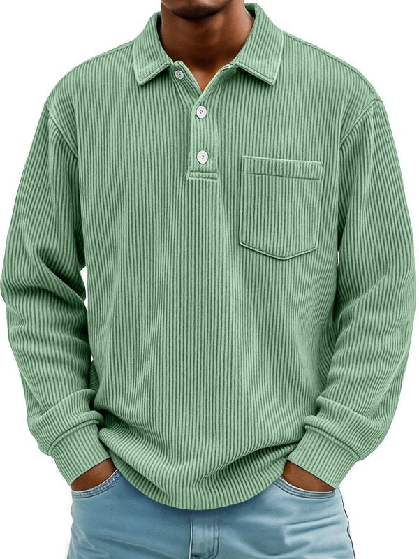 Men's Long Sleeve Corduroy Striped Polo Shirt – Casual Retro Style - Premium Activewear for sale