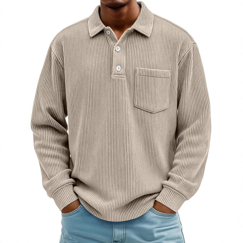 Men's Long Sleeve Corduroy Striped Polo Shirt – Casual Retro Style - Premium Activewear for sale