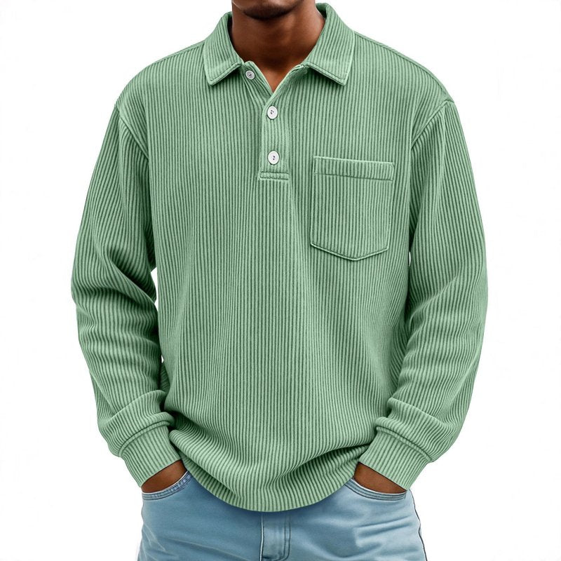Men's Long Sleeve Corduroy Striped Polo Shirt – Casual Retro Style - Premium Activewear for sale