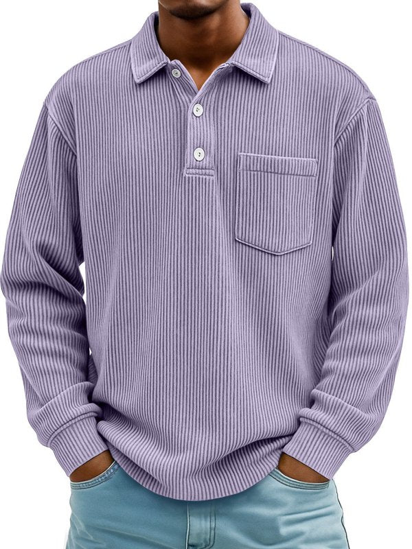 Men's Long Sleeve Corduroy Striped Polo Shirt – Casual Retro Style - Premium Activewear for sale