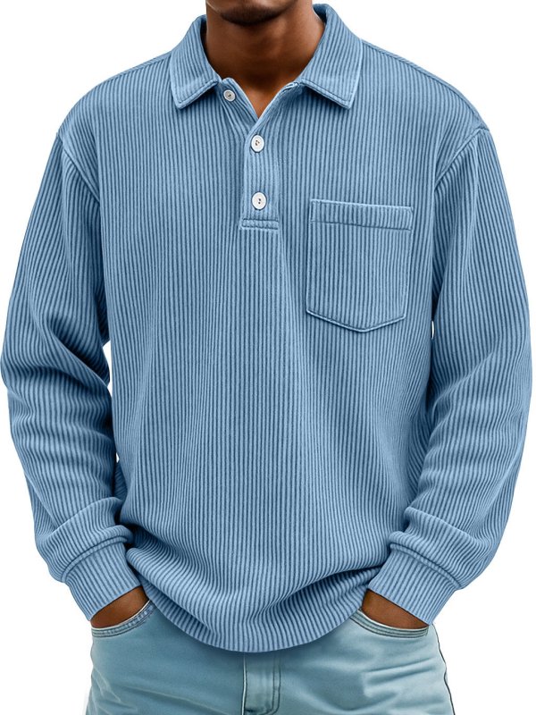 Men's Long Sleeve Corduroy Striped Polo Shirt – Casual Retro Style - Premium Activewear for sale