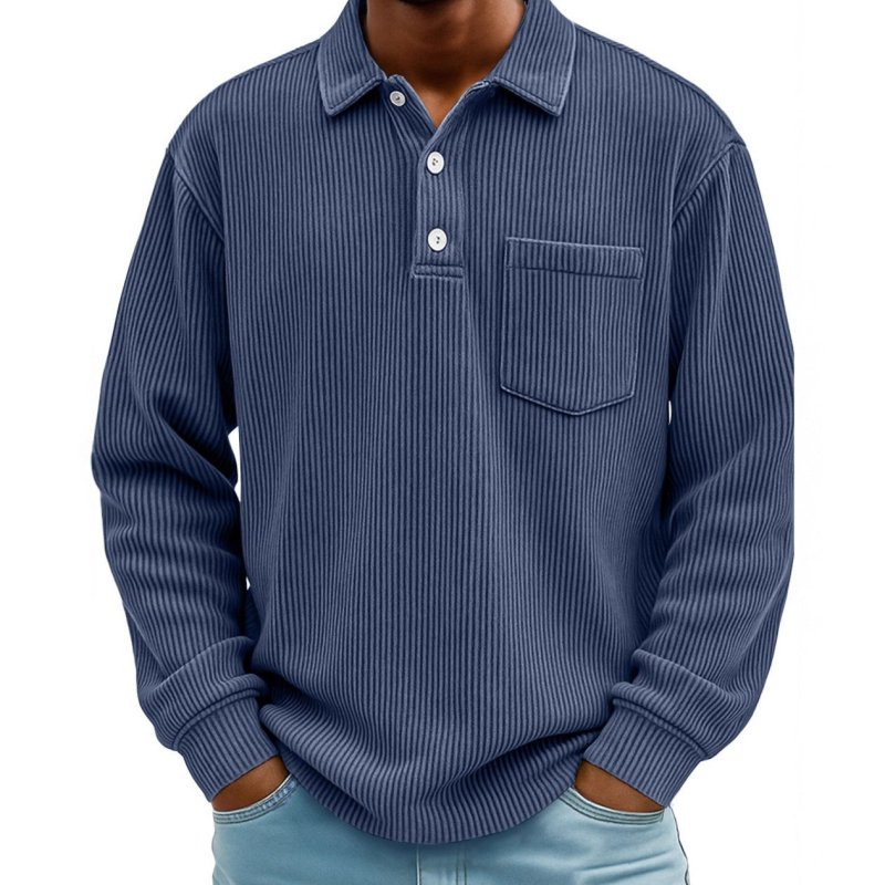 Men's Long Sleeve Corduroy Striped Polo Shirt – Casual Retro Style - Premium Activewear for sale