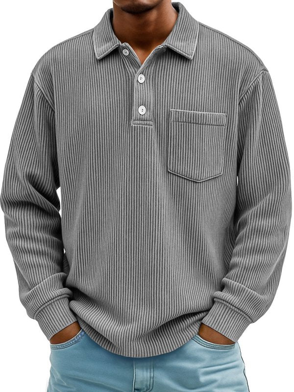 Men's Long Sleeve Corduroy Striped Polo Shirt – Casual Retro Style - Premium Activewear for sale