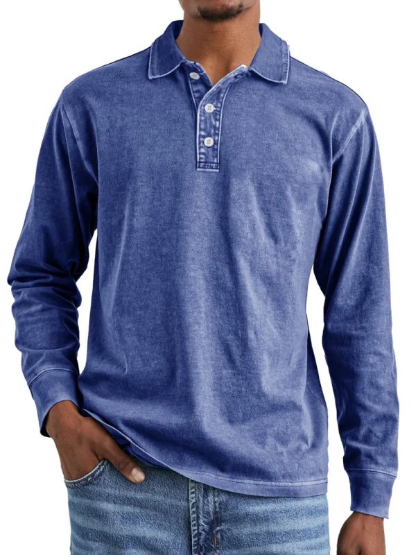 Men's Retro Washed Cotton Polo Shirt – Long Sleeve Distressed Lapel Top - Premium Activewear for sale