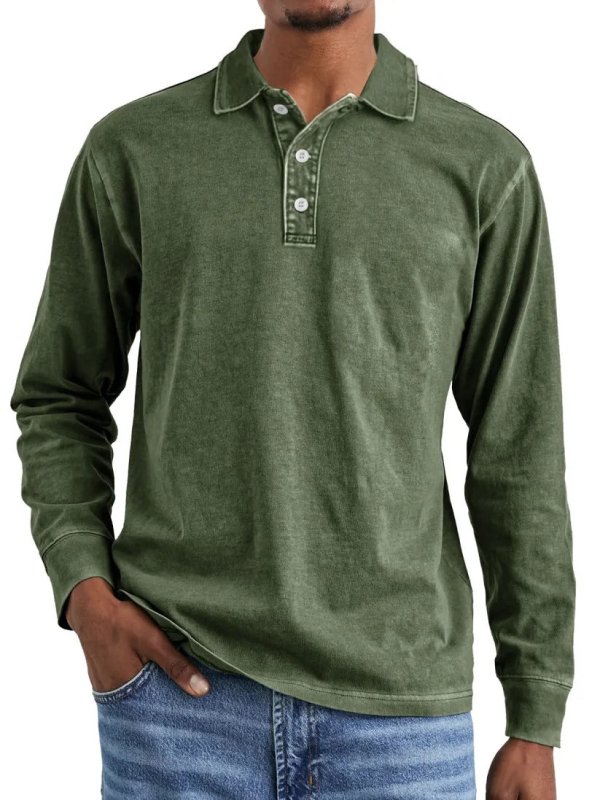 Men's Retro Washed Cotton Polo Shirt – Long Sleeve Distressed Lapel Top - Premium Activewear for sale