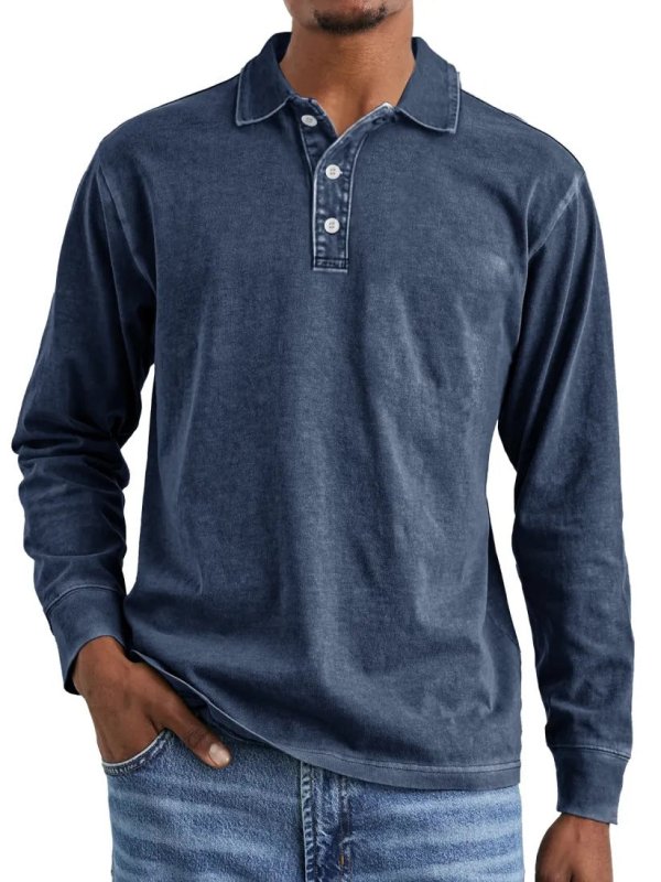Men's Retro Washed Cotton Polo Shirt – Long Sleeve Distressed Lapel Top - Premium Activewear for sale