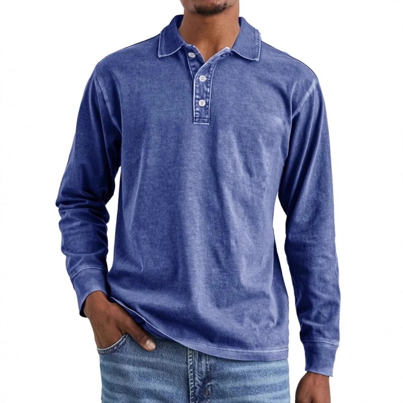 Men's Retro Washed Cotton Polo Shirt – Long Sleeve Distressed Lapel Top - Premium Activewear for sale