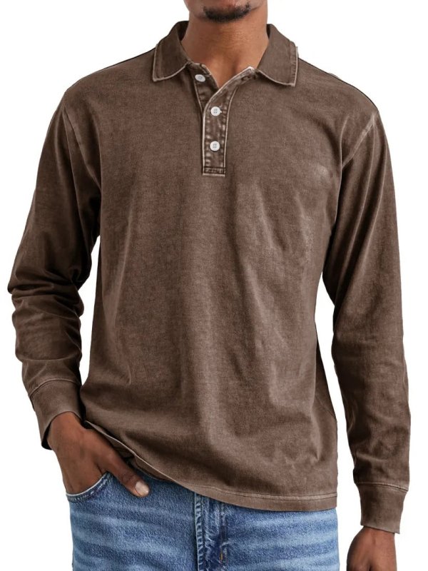 Men's Retro Washed Cotton Polo Shirt – Long Sleeve Distressed Lapel Top - Premium Activewear for sale