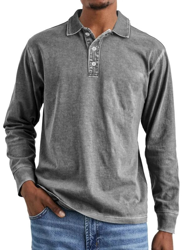 Men's Retro Washed Cotton Polo Shirt – Long Sleeve Distressed Lapel Top - Premium Activewear for sale