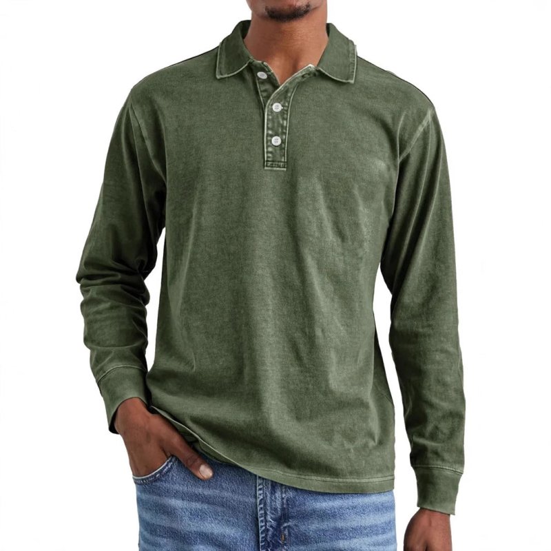 Men's Retro Washed Cotton Polo Shirt – Long Sleeve Distressed Lapel Top - Premium Activewear for sale