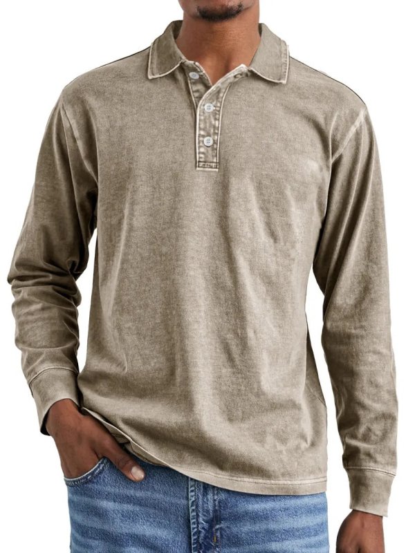 Men's Retro Washed Cotton Polo Shirt – Long Sleeve Distressed Lapel Top - Premium Activewear for sale