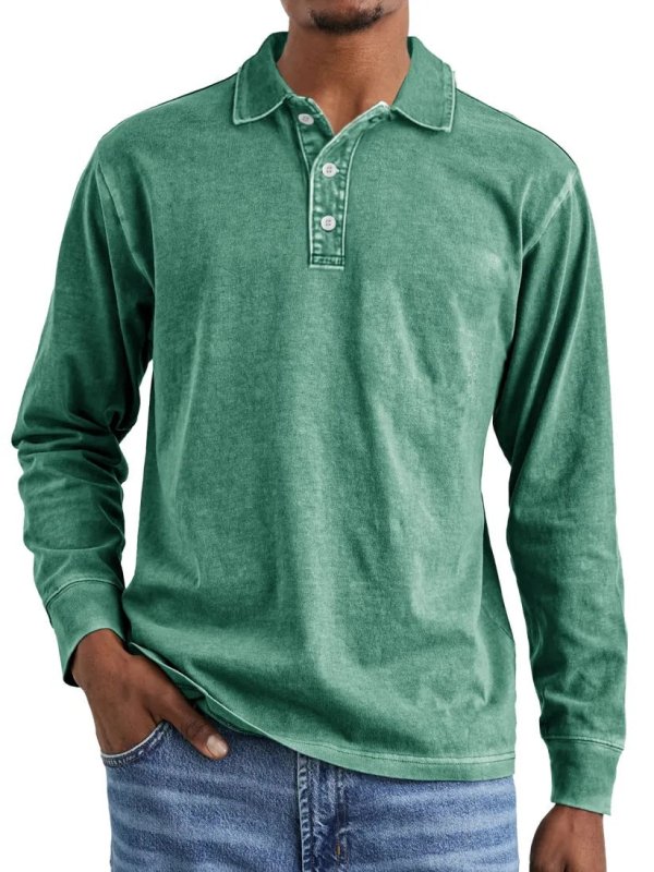 Men's Retro Washed Cotton Polo Shirt – Long Sleeve Distressed Lapel Top - Premium Activewear for sale