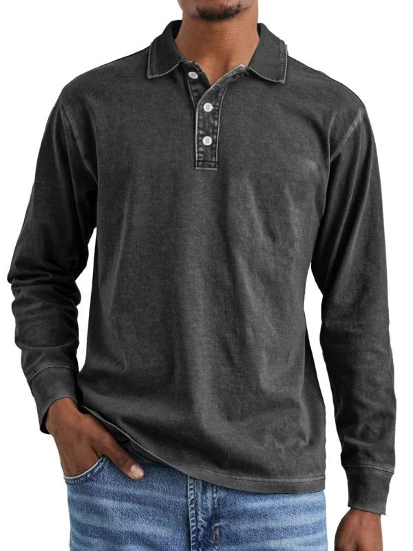 Men's Retro Washed Cotton Polo Shirt – Long Sleeve Distressed Lapel Top - Premium Activewear for sale