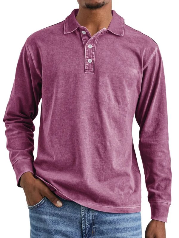 Men's Retro Washed Cotton Polo Shirt – Long Sleeve Distressed Lapel Top - Premium Activewear for sale