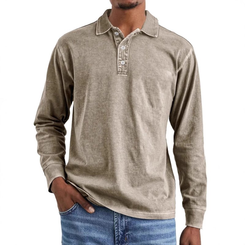 Men's Retro Washed Cotton Polo Shirt – Long Sleeve Distressed Lapel Top - Premium Activewear for sale