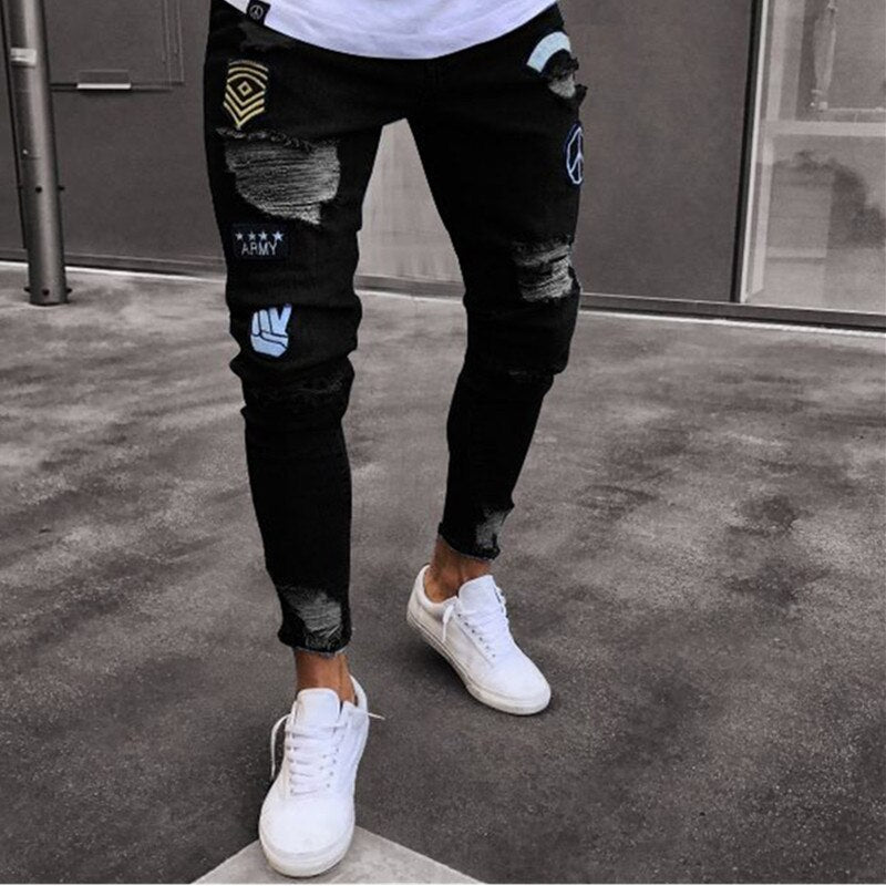 Men's Ripped jeans Badge Letters Hip - hop Skinny Jogging Denim Fashion Pencil Long Trousers Distressed Jeans For Men Clothing