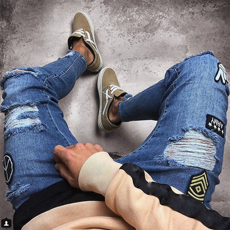 Men's Ripped jeans Badge Letters Hip - hop Skinny Jogging Denim Fashion Pencil Long Trousers Distressed Jeans For Men Clothing