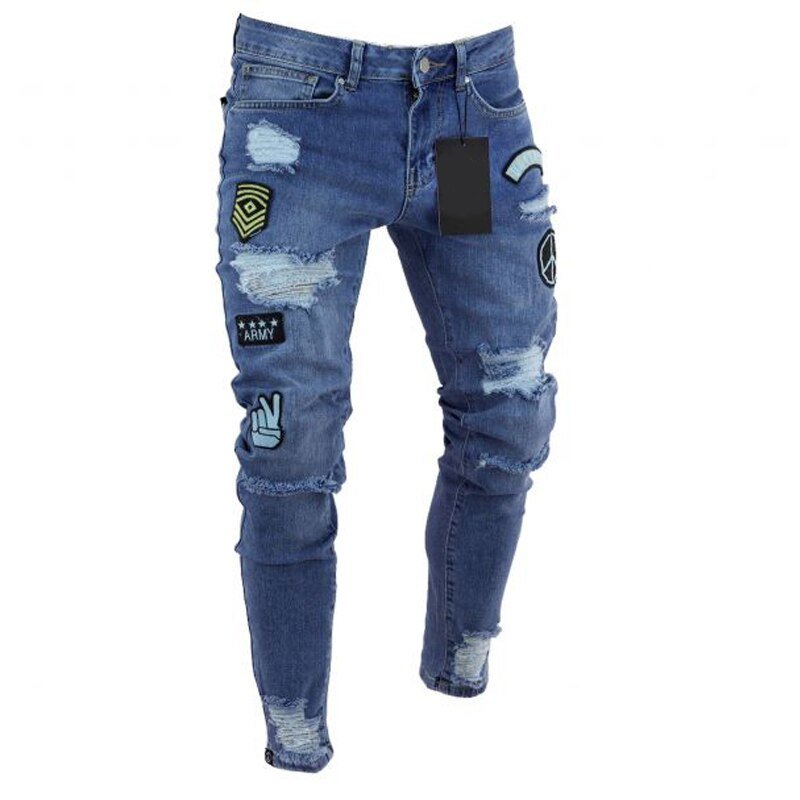 Men's Ripped jeans Badge Letters Hip - hop Skinny Jogging Denim Fashion Pencil Long Trousers Distressed Jeans For Men Clothing