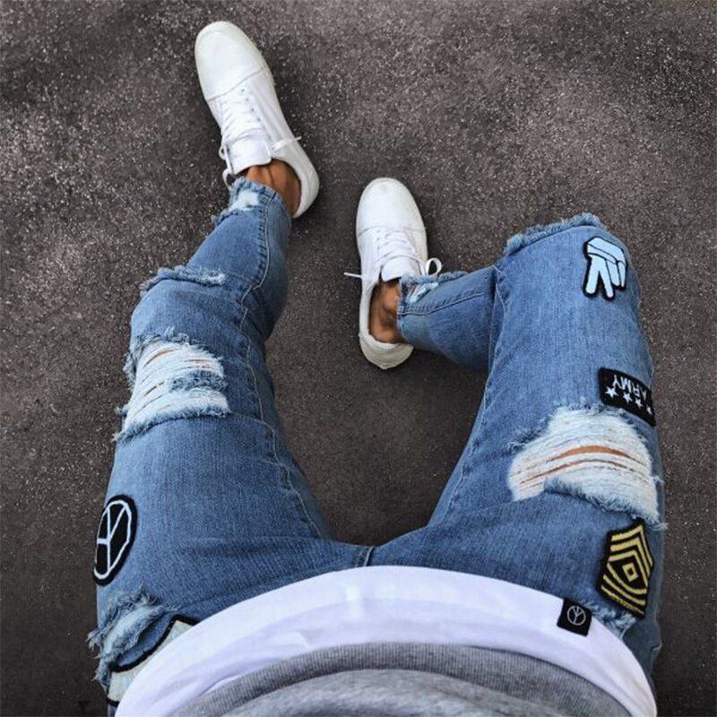 Men's Ripped jeans Badge Letters Hip - hop Skinny Jogging Denim Fashion Pencil Long Trousers Distressed Jeans For Men Clothing