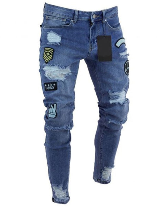 Men's Ripped jeans Badge Letters Hip - hop Skinny Jogging Denim Fashion Pencil Long Trousers Distressed Jeans For Men Clothing