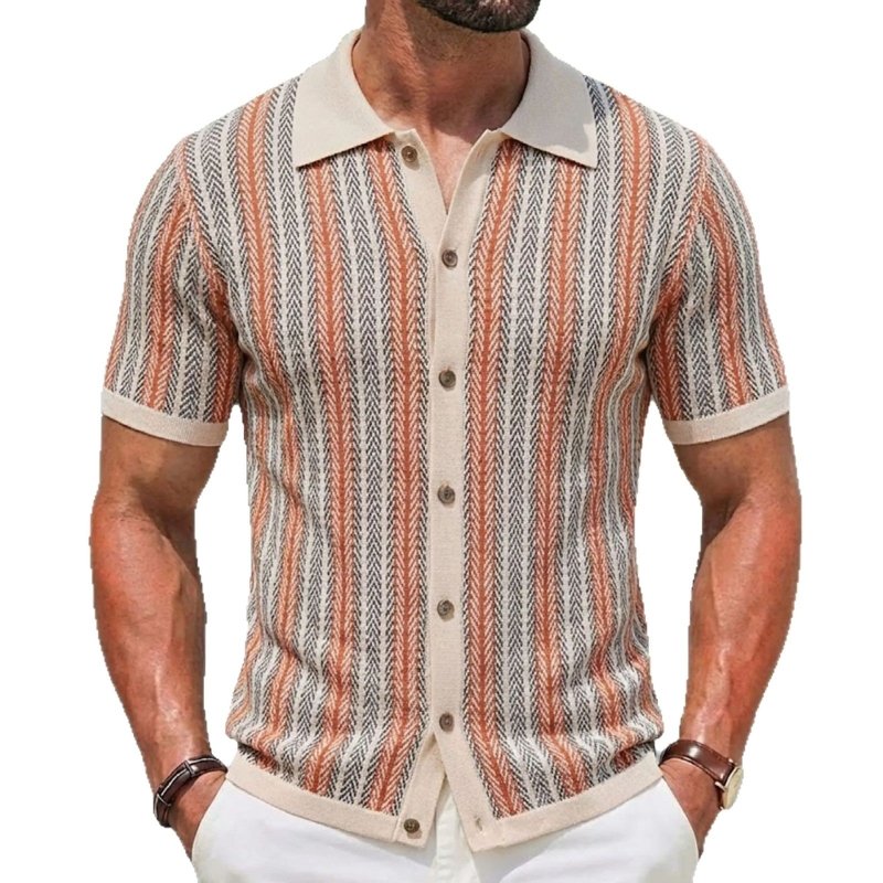Men's Slim Fit Jacquard Knitted Polo Shirt – Short Sleeve Striped Top - Premium Activewear for sale