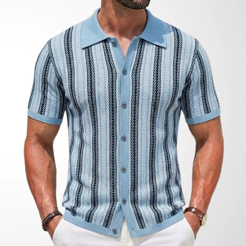 Men's Slim Fit Jacquard Knitted Polo Shirt – Short Sleeve Striped Top - Premium Activewear for sale