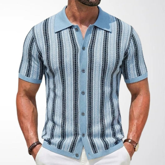 Men's Slim Fit Jacquard Knitted Polo Shirt – Short Sleeve Striped Top - Premium Activewear for sale