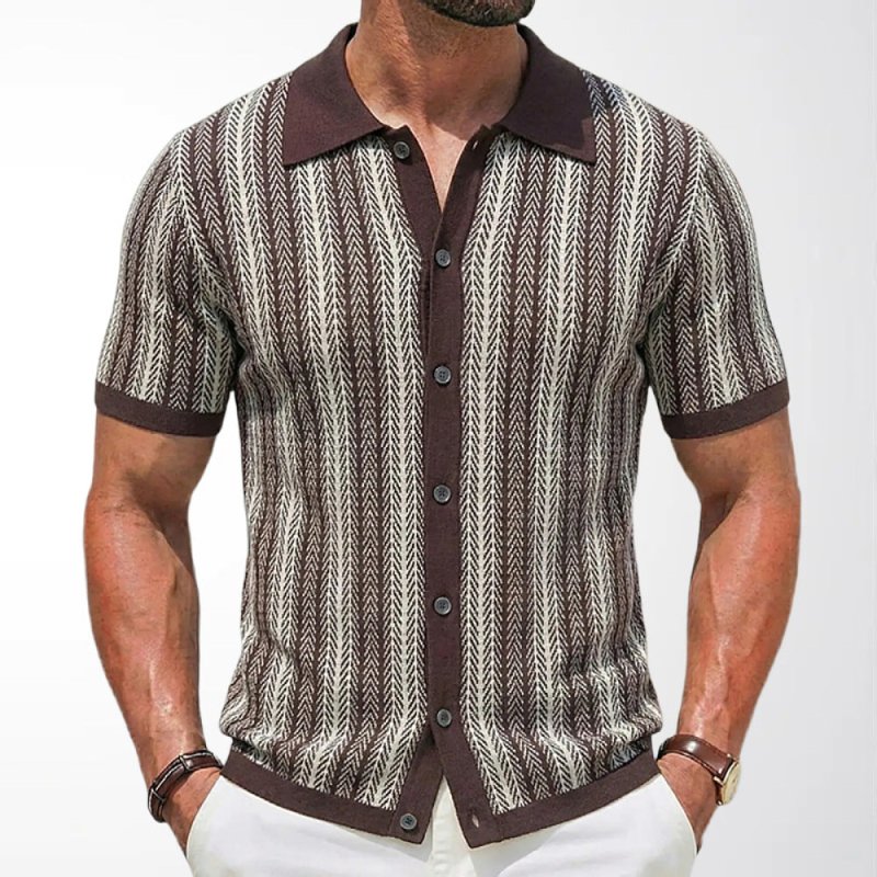 Men's Slim Fit Jacquard Knitted Polo Shirt – Short Sleeve Striped Top - Premium Activewear for sale