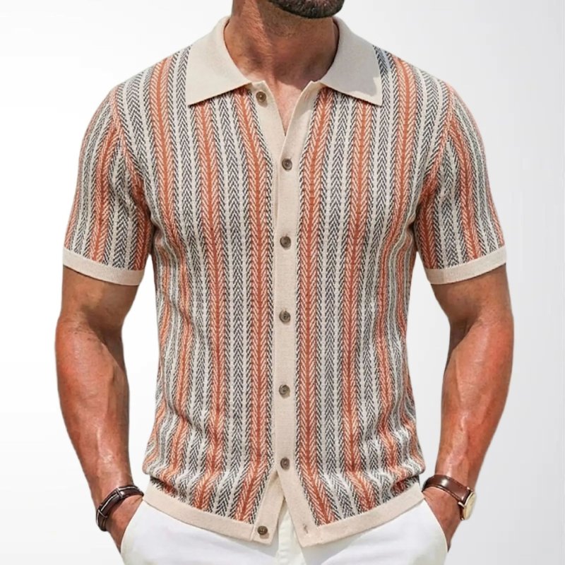 Men's Slim Fit Jacquard Knitted Polo Shirt – Short Sleeve Striped Top - Premium Activewear for sale