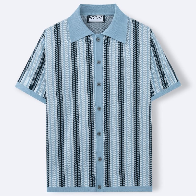 Men's Slim Fit Jacquard Knitted Polo Shirt – Short Sleeve Striped Top - Premium Activewear for sale