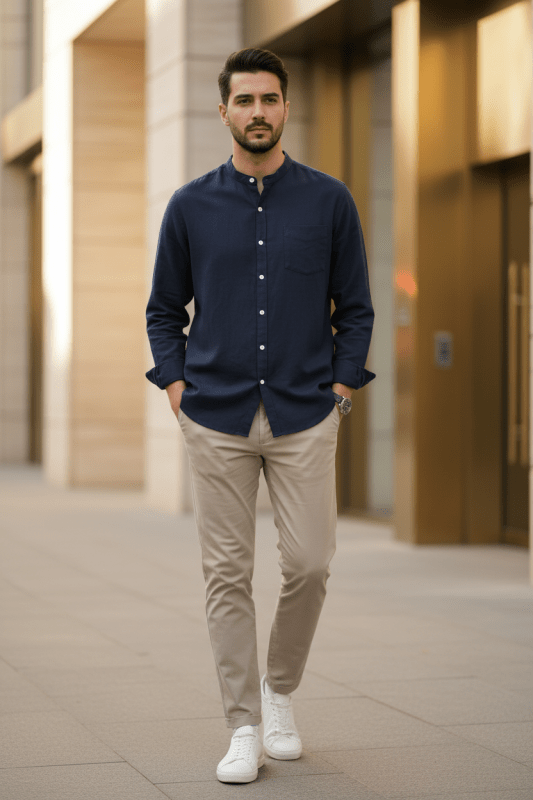 Men's Stand-Up Collar Shirt – White Buttons, Fully Buttoned