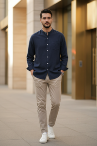 Men's Stand-Up Collar Shirt – White Buttons, Fully Buttoned