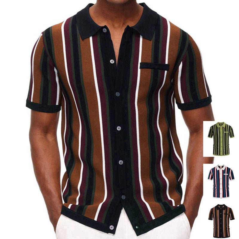 Men's Striped Polo Collar Knitted T-Shirt – Short Sleeve Casual Summer Top - Premium Activewear for sale