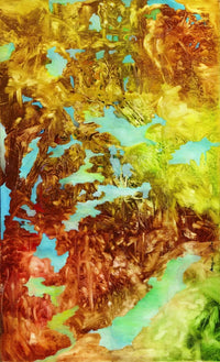 An abstract landscape painting featuring textured brushstrokes of golden yellow, green, brown, and turquoise blue, resembling a canyon or forest scene.