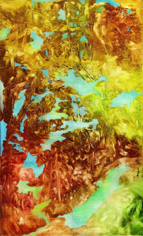 An abstract landscape painting featuring textured brushstrokes of golden yellow, green, brown, and turquoise blue, resembling a canyon or forest scene.